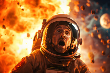 Nuclear war. Shocked astronaut floating in space suit outside the space station with shocked expression on his face.