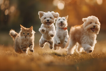 Cute funny dog and cat group jumps and running and happily a field blurred background