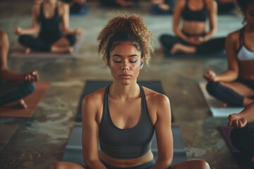 
Group meditation at seated cross-legged meditation practice during workout yoga session at sports club, breath exercise, closed eyes - obrazy, fototapety, plakaty