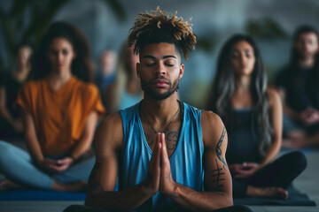 
Group meditation at seated cross-legged meditation practice during workout yoga session at sports club, breath exercise, closed eyes - obrazy, fototapety, plakaty