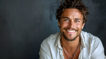 Attractive man chases laughter in bashful grin. Concept Portraits, Humor, Expressions, Candid Moments - obrazy, fototapety, plakaty