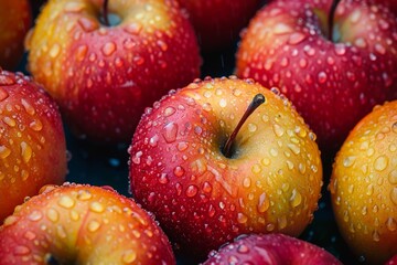 Vibrant close-up of fresh red apples covered with water droplets, highlighting freshness, and organic food