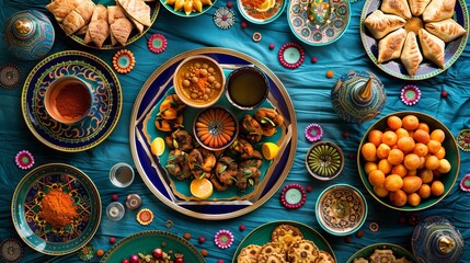 Ramadan cuisine on a blue background with decorations
