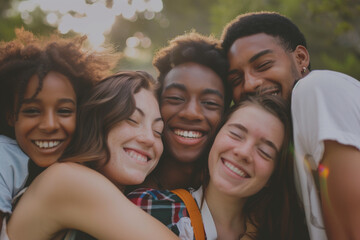 Fototapeta premium Multi ethnic group of young women hugging outside - Happy girlsfriends having fun laughing out loud on city street - Female community concept with cheerful girls standing together - Women power
