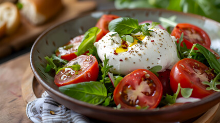 Burrata with ripe tomatoes and arugula in a clay bowl. Classic burrata salad with fresh basil and tomatoes. Burrata cheese, arugula and tomato salad with olive oil