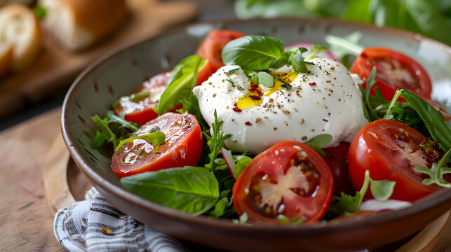 Burrata with ripe tomatoes and arugula in a clay bowl. Classic burrata salad with fresh basil and tomatoes. Burrata cheese, arugula and tomato salad with olive oil