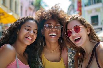 
Three multiracial young women having fun walking on city street - Happy girlfriends hanging outside on a sunny day - Different females laughing together outside - Life style and friendship concept