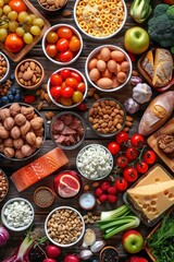 Bountiful Buffet: Variety of Foods Displayed in Top-Down Shot of Table