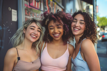 Fototapeta premium Three multiracial young women having fun walking on city street - Happy girlfriends hanging outside on a sunny day - Different females laughing together outside - Life style and friendship concept
