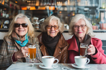 
Three senior women enjoying breakfast drinking coffee at bar cafeteria - Life style concept with mature female having fun hanging out on city street