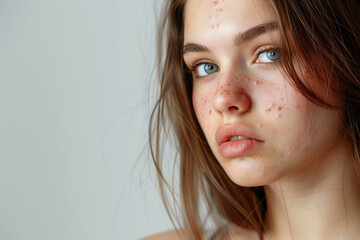
Young woman with problematic skin and scar from acne - Skin care concept