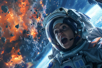 Mushroom explosions in space. Shocked astronaut floating in space suit outside the space station with shocked expression on his face looking at nuclear war. - obrazy, fototapety, plakaty