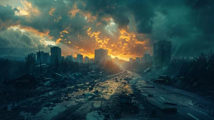 Fotobehang Acid rain effect on urban landscape, apocalyptic © Thor.PJ