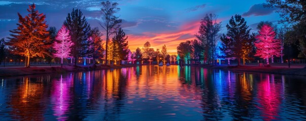 A serene twilight scene with neon-lit trees, creating a magical vibe