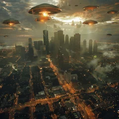 Rugzak Sci-Fi Invasion: UFOs Over City Skyline at Dusk © Vivid Frames