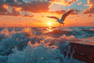 Dynamic image showing a seagull in flight over the ocean's swirling waves, illuminated by the rising sun