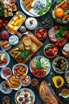 Gastronomic Spread: Top-Down View of Table Laden with Assorted Foods
