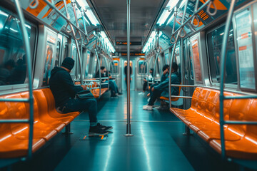 Fototapeta premium Solitary Reflections in the Cool Teal Glow of an Urban Subway Commute, Amidst Orange Seats and Silver Poles