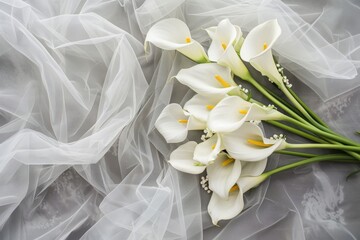 Beautiful calla lilies on wedding dress background, closeup
