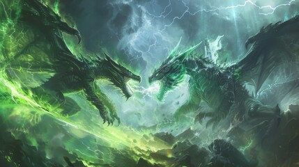 Epic Clash: Thunder Dragon vs. Ice Dragon in Stormy Skies