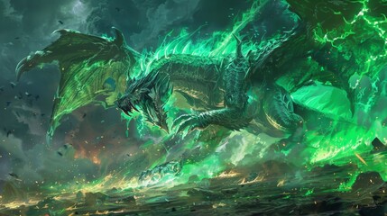 Emerald Fury: Majestic Green Dragon Unleashing Power