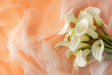 Bouquet of calla lilies on an orange background.