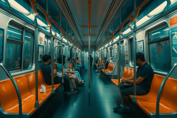 Quiet Evening Commute: Passengers Engaged in Thoughtful Solitude in the Cool Teal Glow of a Spacious Subway Carriage