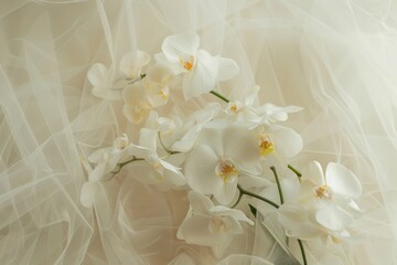 White orchids on a white background with a tulle.