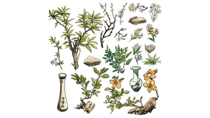 Eastern Flora and Traditional Elements: A detailed illustration set featuring Eastern plants like bamboo, osmanthus, and plum blossoms, paired with elements like stones and vases, symbolizing cultural