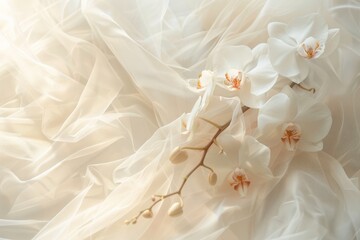 Beautiful white orchid flowers on fabric background, soft focus.