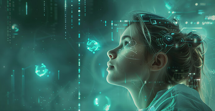 Uma garota olhando para um ambiente de realidade virtual