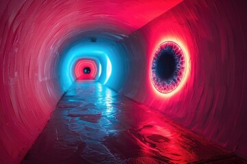 Psychedelic tunnel bathed in neon pink and blue lights, creating a futuristic vibe