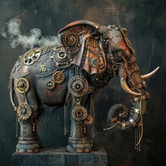 Steampunk iron elephant, intricate gears and steam, a testament to mechanical might and creativity
