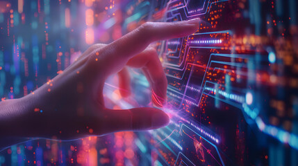 Close up of human hand touching virtual screen with binary code. Technology concept