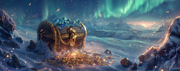 Treasure chest overflowing with gold and jewels, set in a snowy landscape under aurora-filled sky, fantasy wealth