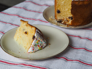 Traditional Easter cake. Kulich. A piece of pie. Ukrainian Easter. Orthodox Easter, Paska