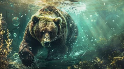Underwater scene with a grizzly bear swimming, bubbles surrounding, serene encounter in the deep - obrazy, fototapety, plakaty