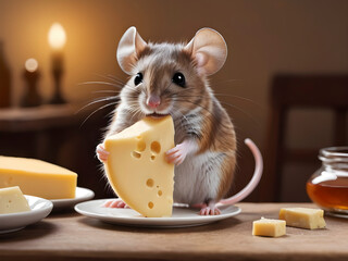 Adorable Dining Companion: A Mouse Enjoying Cheese on the Table