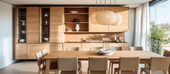 A contemporary dining room featuring a large wooden table surrounded by chairs, illuminated by a pendant light hanging above. The room also includes a wooden cupboard.