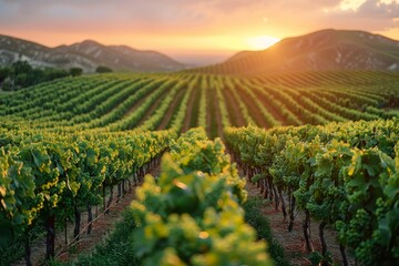 Warm sunset bathing over rows of grapevines in a serene vineyard nestled between rolling hills,...