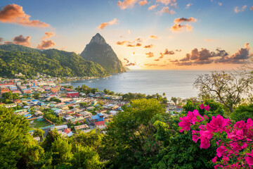 Sunset Piton Mountain Views...Soufriere, Saint Lucia, .West Indies, Eastern Caribbean - obrazy, fototapety, plakaty