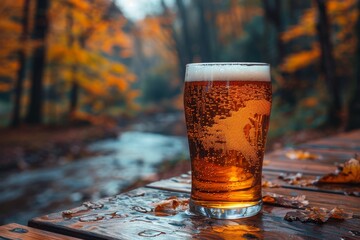 A pint of amber craft beer sits on a rustic wooden table amidst a colorful autumn forest with a serene stream