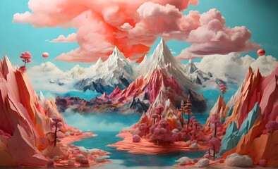 Combine elements from different landscapes to create a surreal, dreamlike scene.Mountains with oceans or placing unexpected objects in natural settings in brights colors 