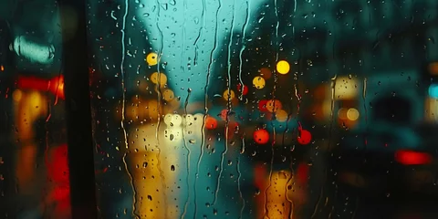 Gordijnen Rainy day in city, Car driving in rain and storm abstract background, blurred colorful urban lights on window glass. © Jasper W