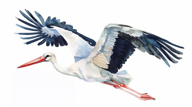 Watercolor flying single white stork bird animal isolated on a white background illustration.
