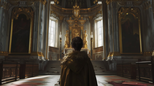 Solitary Woman Contemplating in Grandiose Baroque Church Interior with Golden Altar and Paintings - Spirituality, Architecture, Serenity