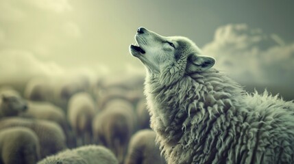 A wolf in sheep's clothing, concept of pretending harmless but dangerous or malicious, spy, Aesop's fables, hiding and Jesus Sermon.