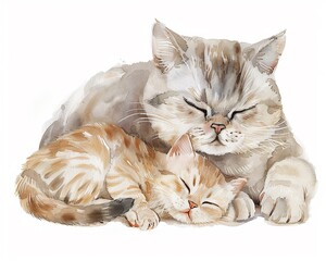 Cartoon colorful illustration of sweet cat mother with her baby cuddle isolated on white background, for children's book, mother's day, greeting card.