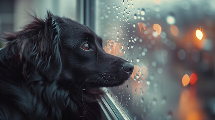 Black collie border og in a room watching the rain through the window, thinking of playing outside, waiting for the owner coming home.
