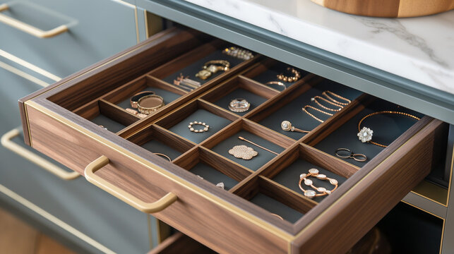 Close up of opened jewelry drawer organizer, concept of hobbies, decent lifestyle, make up, handmade, collection.
